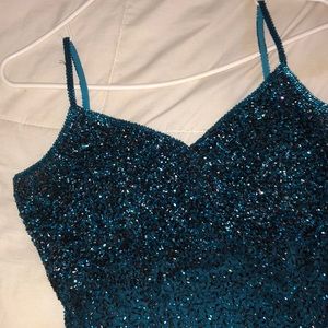 Cache full length teal silk beaded dress